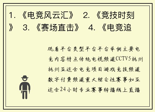 1. 《电竞风云汇》  2. 《竞技时刻》  3. 《赛场直击》  4. 《电竞追击令》